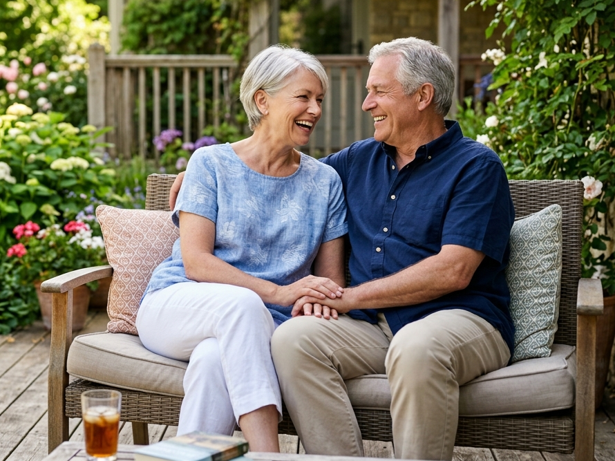 A retired couple smiling together on their porch in summer